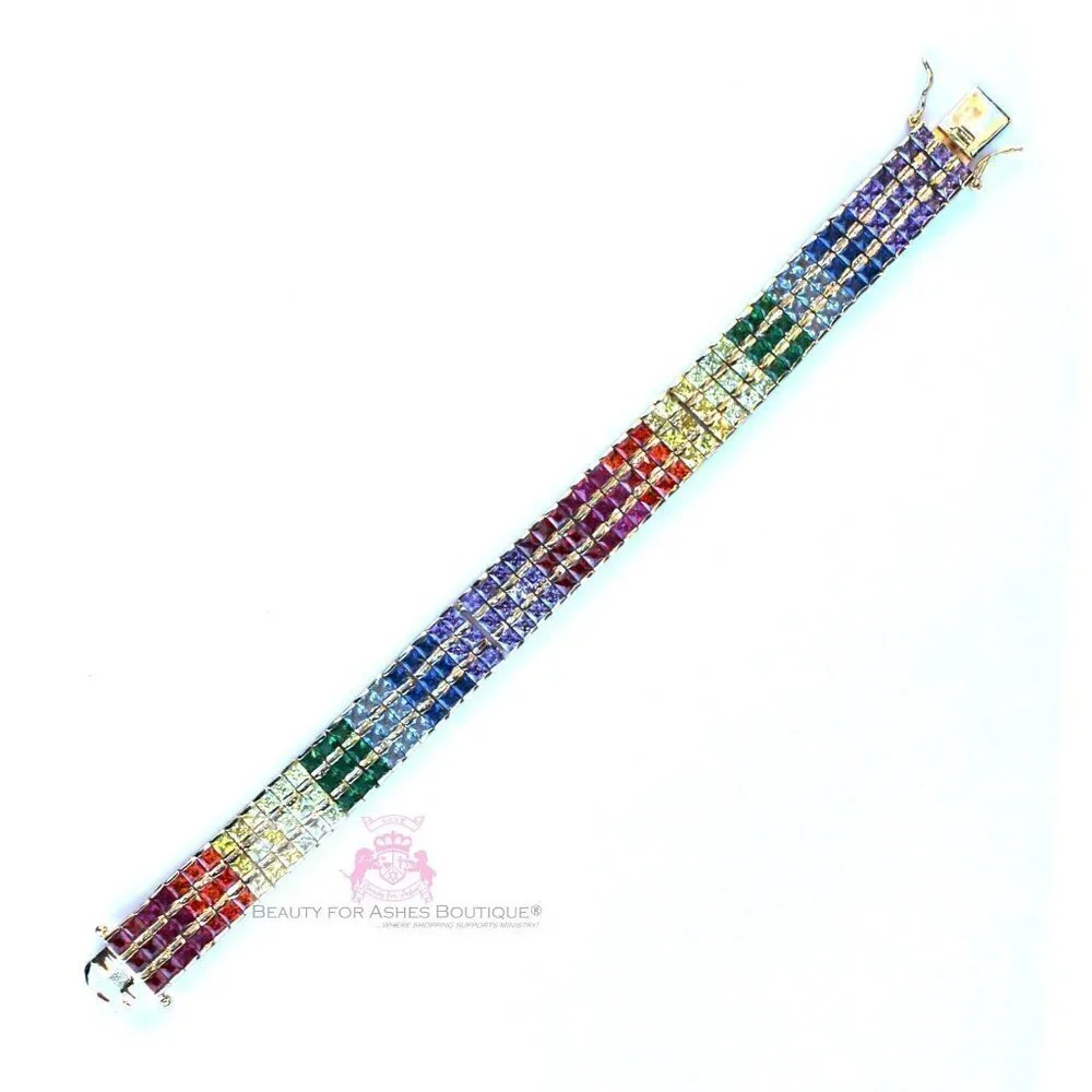 Multicolor Rainbow Yellow Gold Plated Gods Promise Triple Row Bracelet 7.25